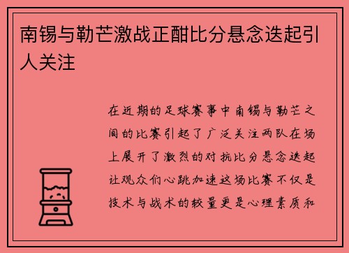 南锡与勒芒激战正酣比分悬念迭起引人关注