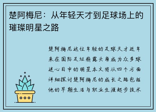 楚阿梅尼：从年轻天才到足球场上的璀璨明星之路