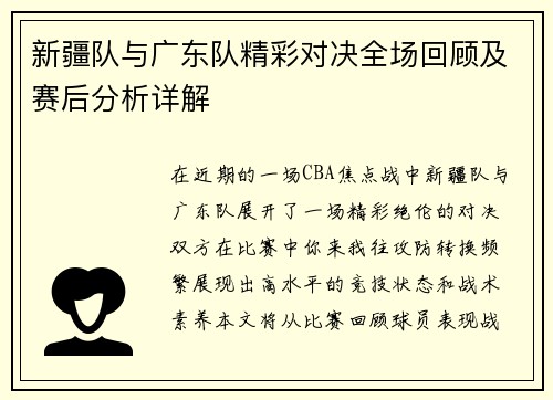 新疆队与广东队精彩对决全场回顾及赛后分析详解
